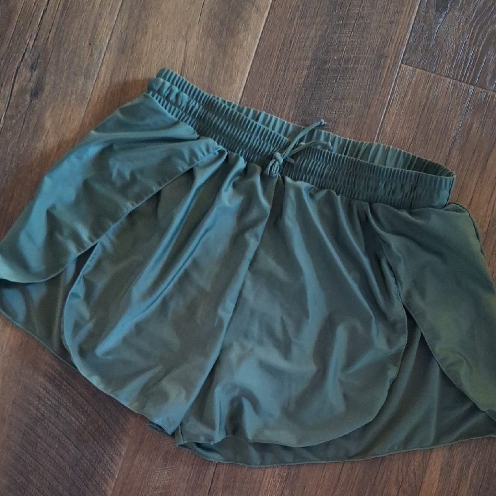 Teal Green Silky Polyester Athletic Shorts with  Side Splits and Tie Waist